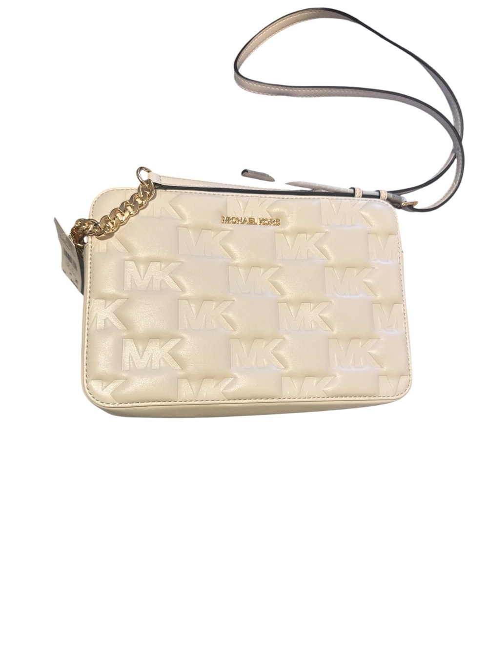 Michael Kors Cream Quilted MK Logo Crossbody with Gold Chain Accent